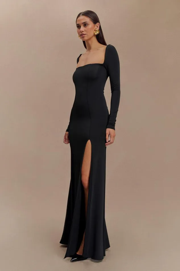 Women Meshki Two Piece Sets Desirie Slinky Long Sleeve Maxi Dress With Split 8211 Black