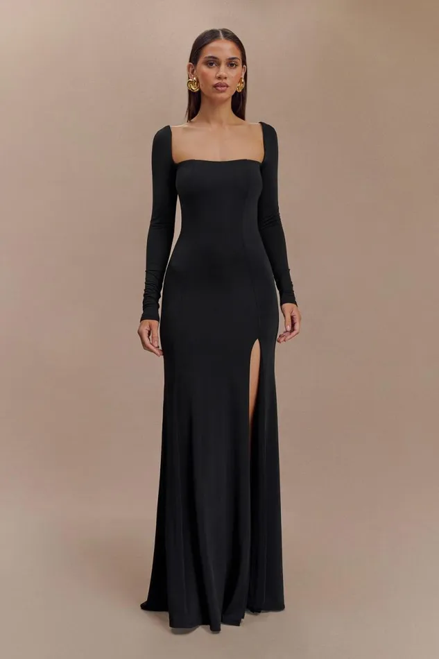 Women Meshki Two Piece Sets Desirie Slinky Long Sleeve Maxi Dress With Split 8211 Black