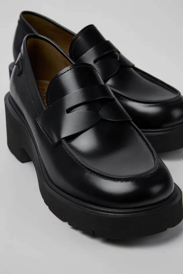 Women Milah Black Leather Moccasin Ballerinas Camper Heels
