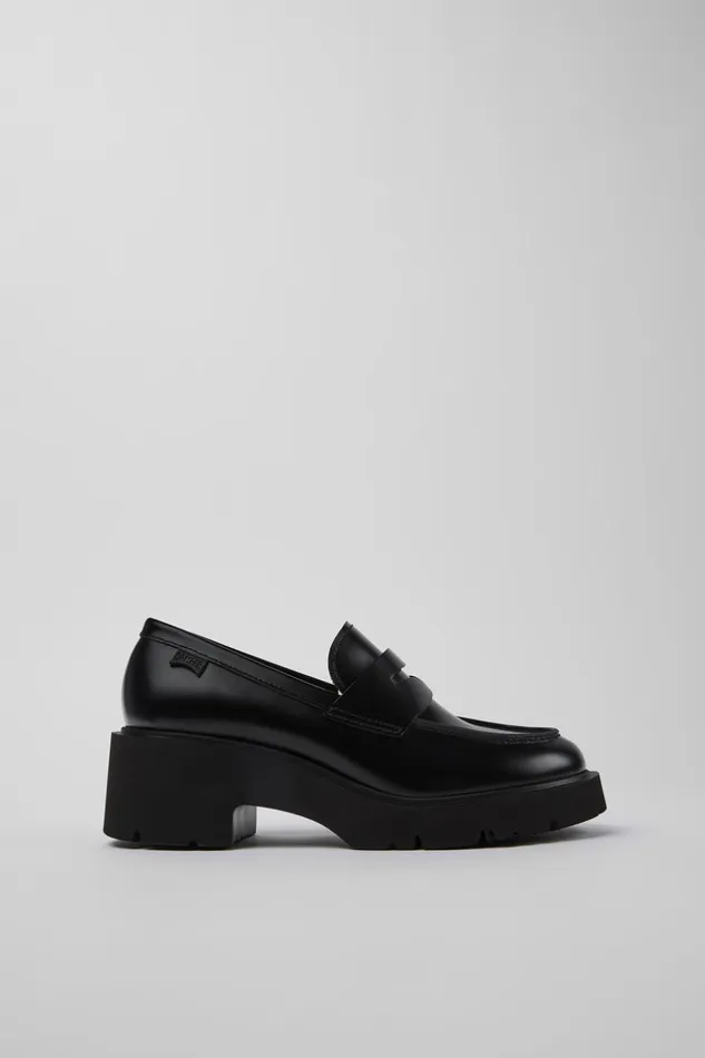 Women Milah Black Leather Moccasin Ballerinas Camper Heels