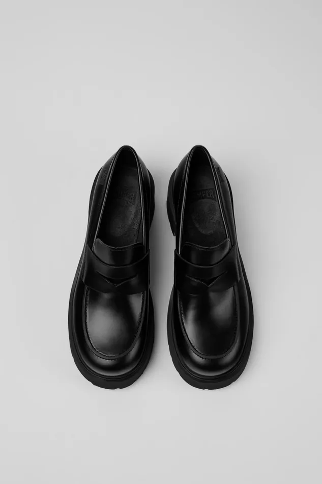Women Milah Black Leather Moccasin Ballerinas Camper Heels