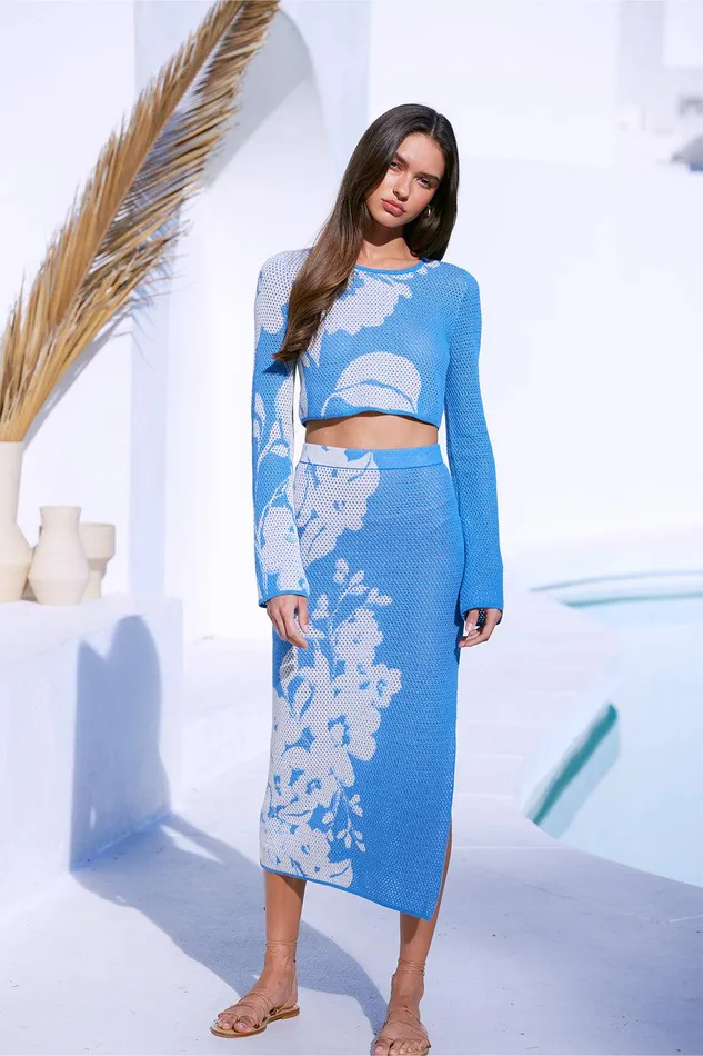 Women MISA Los Angeles Matching Sets CASSI TOP Blue Hibiscus Flora