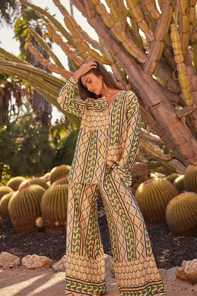 Women MISA Los Angeles Tops TEODORA TOP Limoncello Geo Satin
