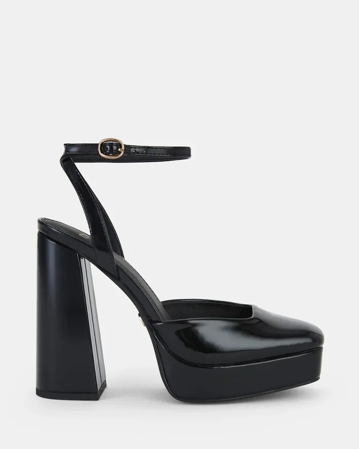 Women NOVO Shoes ILIKA Black Patent Closed Toe Heels Party
