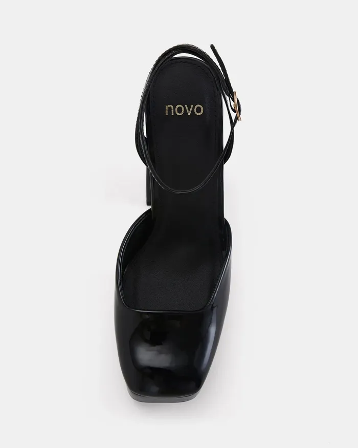 Women NOVO Shoes ILIKA Black Patent Closed Toe Heels Party