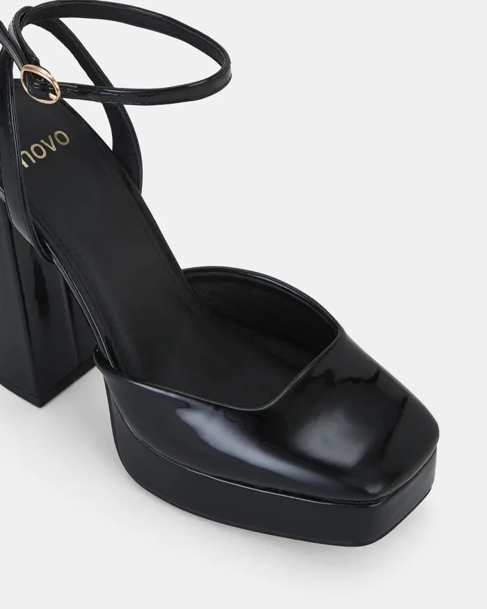 Women NOVO Shoes ILIKA Black Patent Closed Toe Heels Party