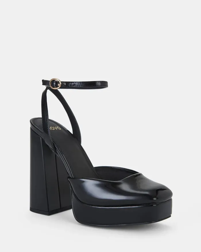 Women NOVO Shoes ILIKA Black Patent Closed Toe Heels Party