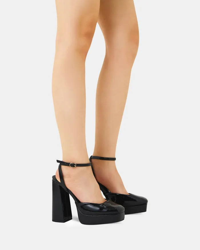Women NOVO Shoes ILIKA Black Patent Closed Toe Heels Party