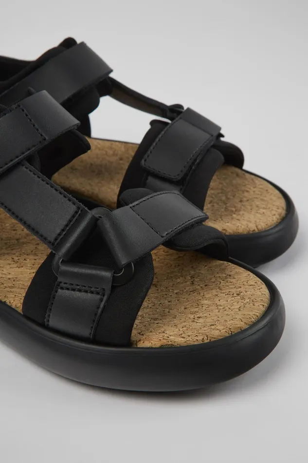 Women Pelotas Flota Black Leather And Textile Sandals Camper Flat Shoes