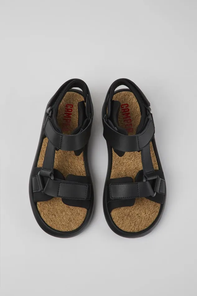 Women Pelotas Flota Black Leather And Textile Sandals Camper Flat Shoes Women Pelotas Flota Black Leather And Textile Sandals Camper Flat Shoes