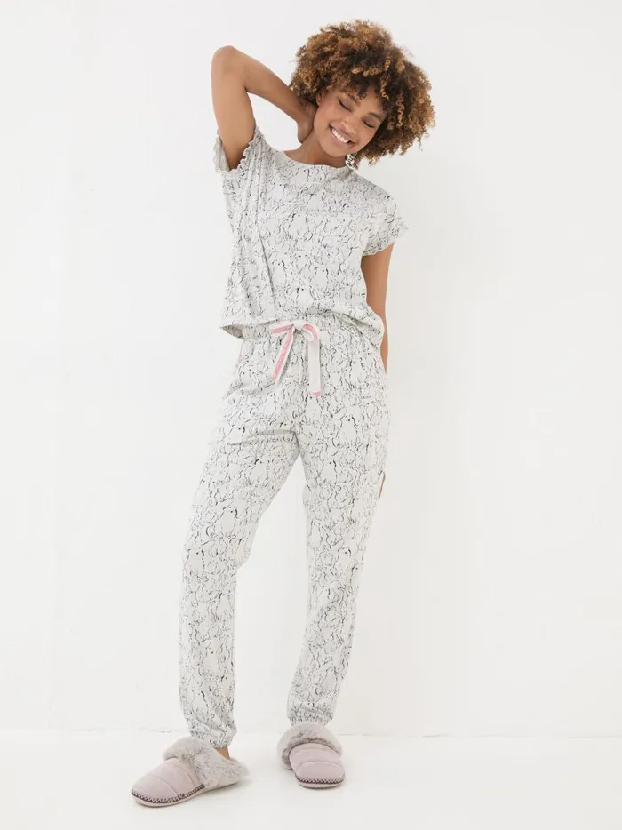 Women Pyjamas and Nightwear Fat Face Grey Cotton Bunny Pyjamas Set