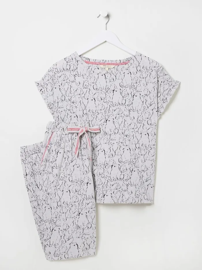 Women Pyjamas and Nightwear Fat Face Grey Cotton Bunny Pyjamas Set
