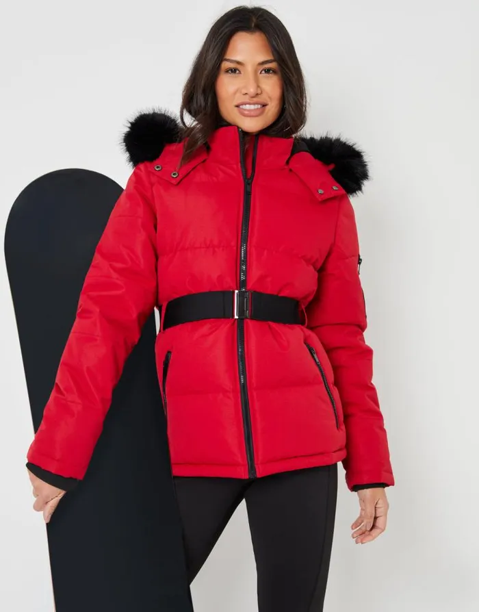 Women Red Belted Padded Ski Jacket Threadbare Ski Jackets