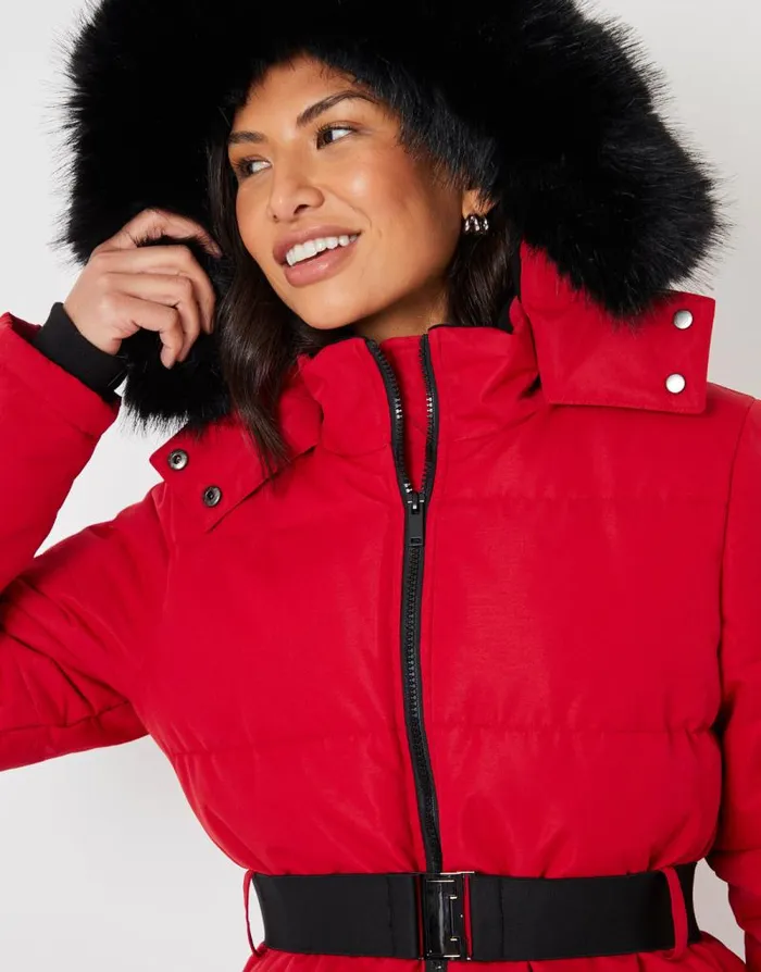 Women Red Belted Padded Ski Jacket Threadbare Ski Jackets Women Red Belted Padded Ski Jacket Threadbare Ski Jackets