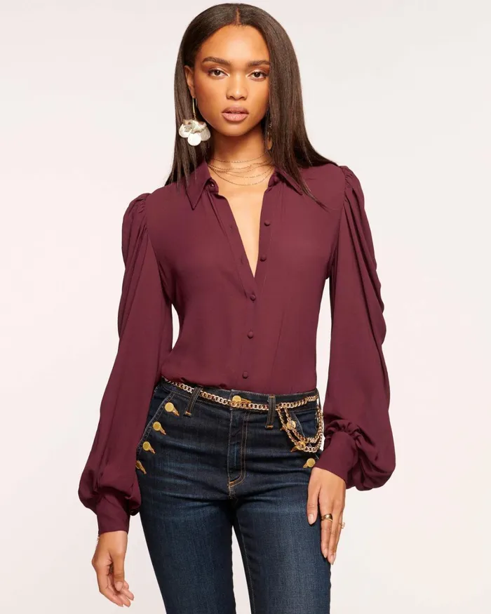 Women Rose Puff Sleeve Blouse Ivory Ramy Brook Tops
