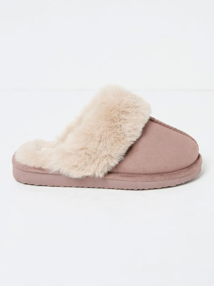 Women Slippers Fat Face Kaia Dark Natural Faux Fur Cuff Mules