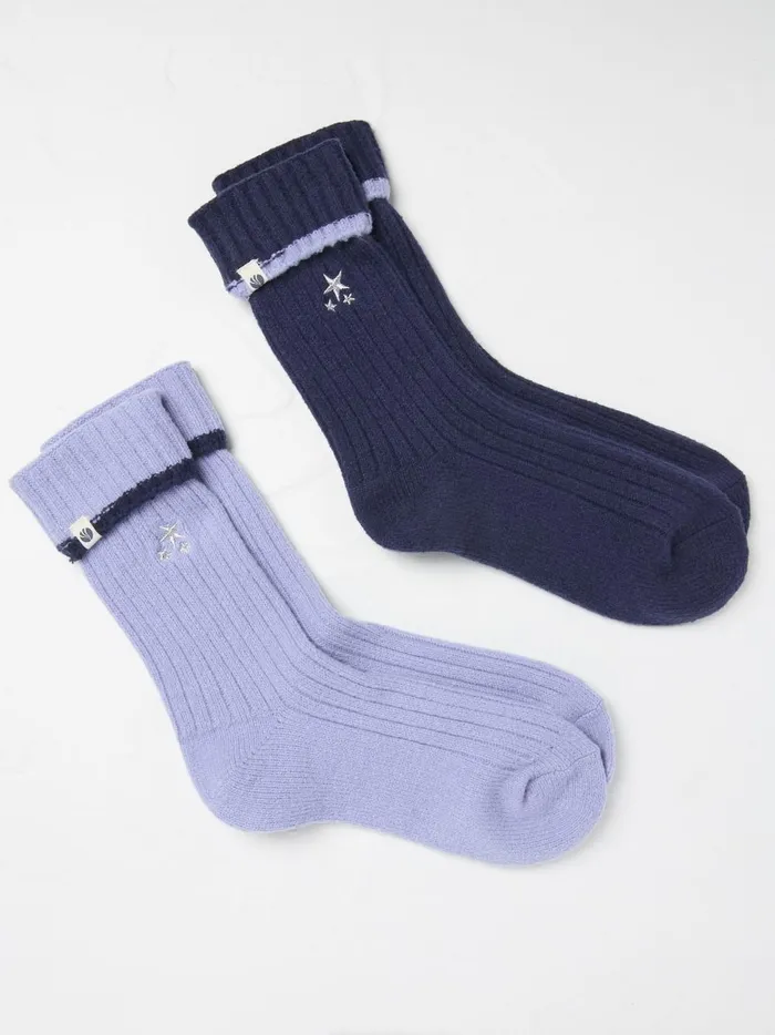 Women Socks and Tights Fat Face Blue 2 Pairs Of Star Embroidered Cosy Socks