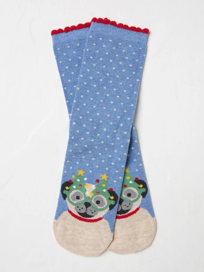 Women Socks and Tights Fat Face Blue Pug In Glasses Socks 1 Pack