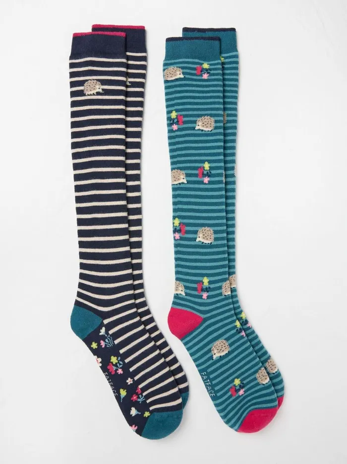 Women Socks and Tights Fat Face Blue Teal Hedgehog Knee High Welly Socks 2 Pack
