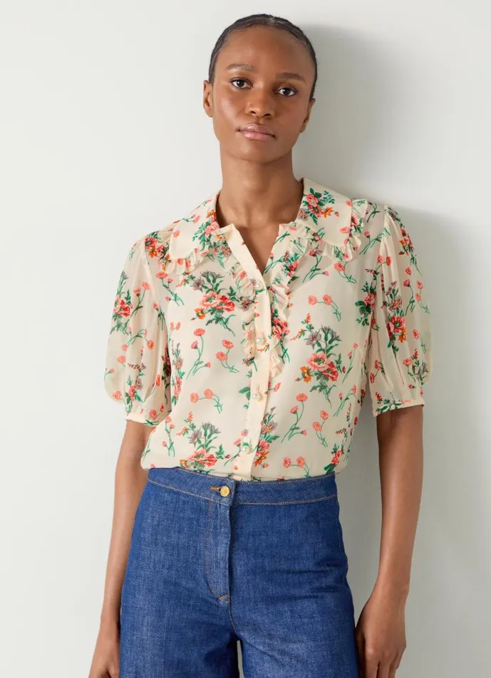 Women Tops LKBennett Flora Ecru Wildflower Ruffle Blouse Cream