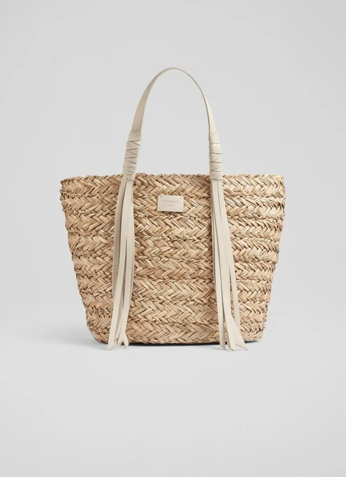 Women Tote Bags LKBennett Violetta Cream Leather Tassel Straw Bag