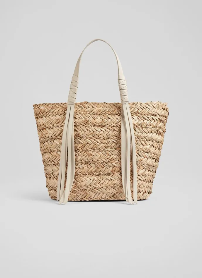 Women Tote Bags LKBennett Violetta Cream Leather Tassel Straw Bag Women Tote Bags LKBennett Violetta Cream Leather Tassel Straw Bag