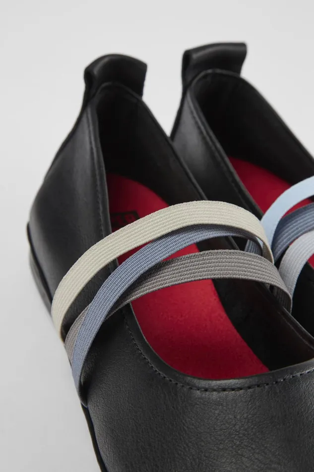 Women Twins Black Leather Ballerina Camper Ballerinas